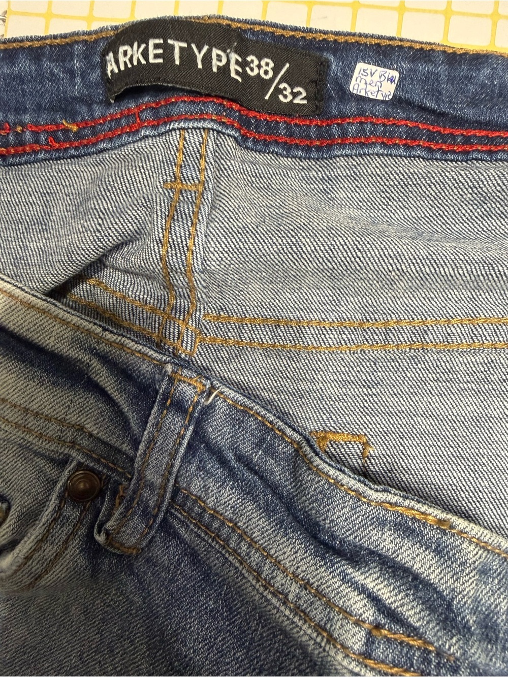 Arketype Men’s Distressed Patch Jeans 38x32 Blue Denim